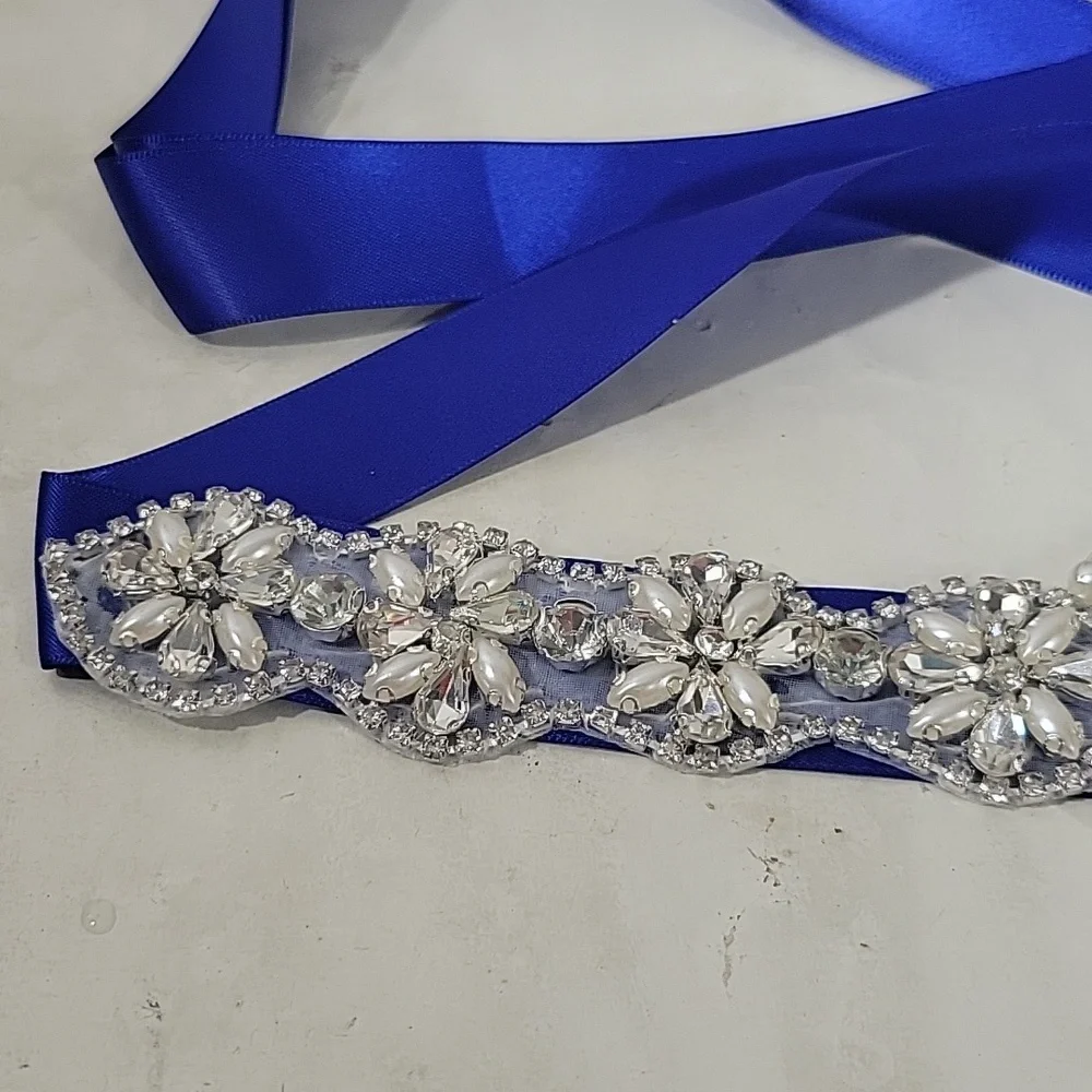 New royal blue with pearls & rhinestone crystals in sliver wedding dress Sash